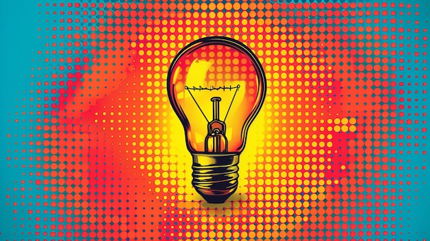 Illuminated Light Bulb on Vibrant Halftone Background Creativity and Innovation Concept