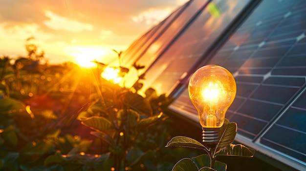 Illuminated lightbulb in front of solar panels at sunset Concept of renewable energy Clean power generation and innovation Bright future and ecofriendly technology AI