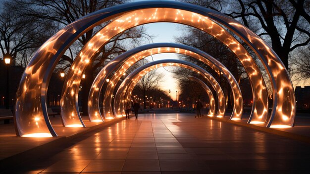 Photo illuminated lighting arc on street at night light decoration