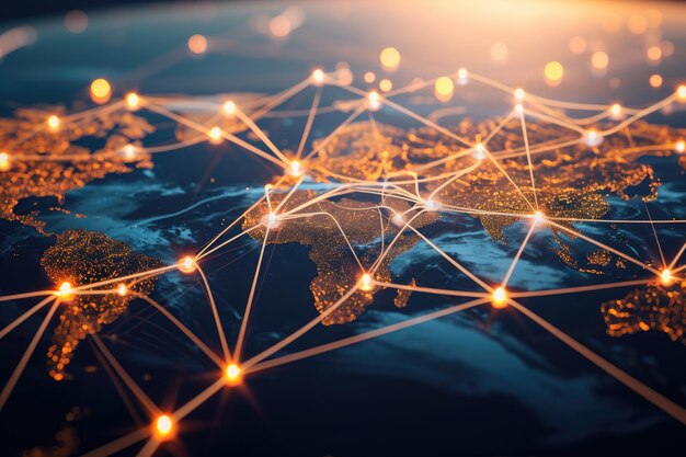 Осветленная карта мира Люди из разных географических мест, связанные друг с другом через цепочку блокчейна