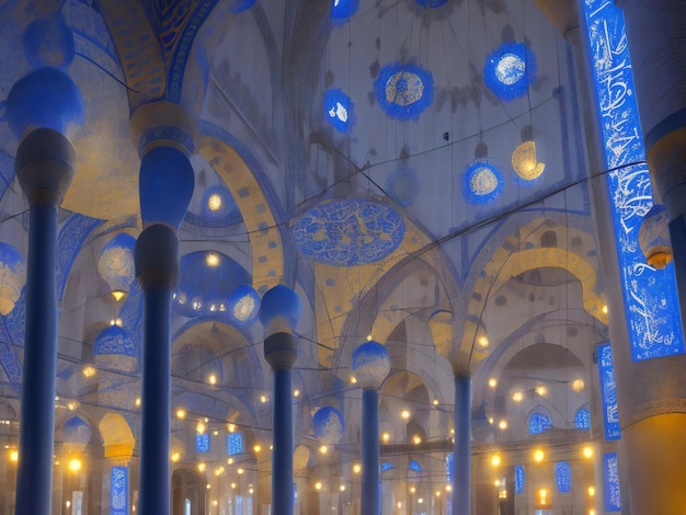 Photo illuminated minaret symbolizes spirituality in famous blue mosque ai generated