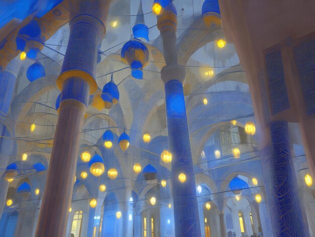 Illuminated minaret symbolizes spirituality in famous Blue Mosque ai generated