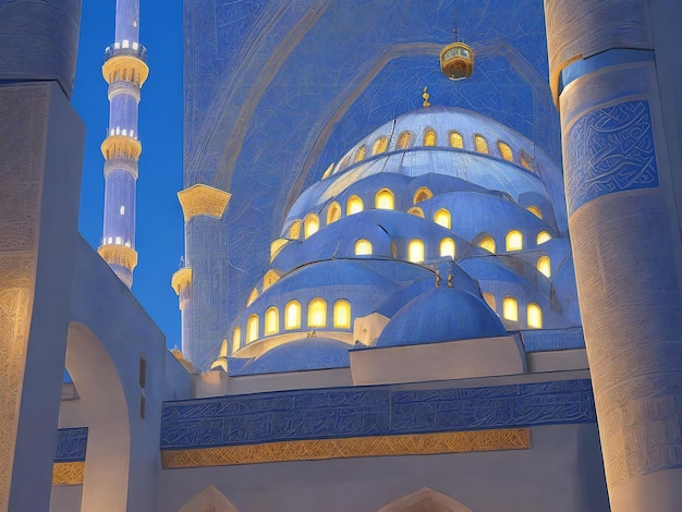 Illuminated minaret symbolizes spirituality in famous blue mosque ai generated
