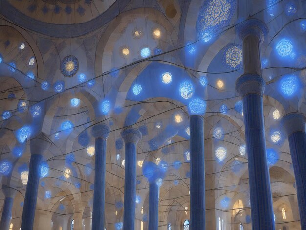 Illuminated minaret symbolizes spirituality in famous Blue Mosque ai generated