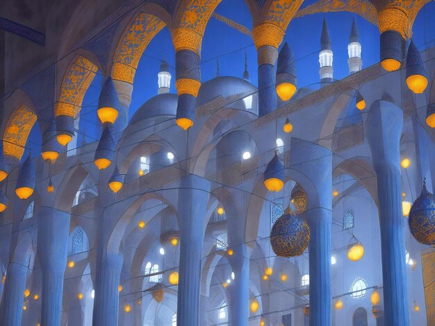 Illuminated minaret symbolizes spirituality in famous Blue Mosque ai generated