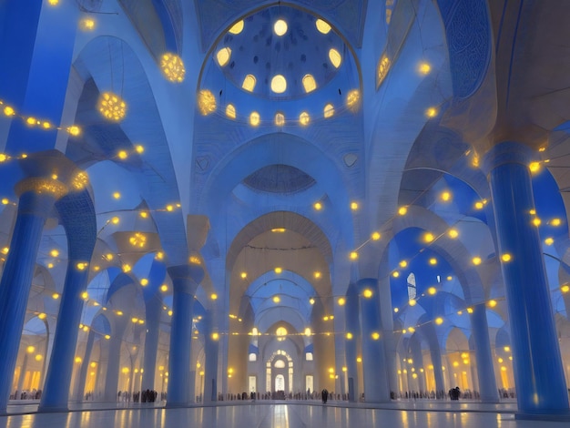 Illuminated minaret symbolizes spirituality in famous Blue Mosque ai generated