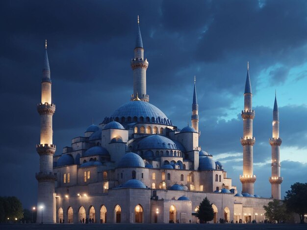 Illuminated minaret symbolizes spirituality in famous blue mosque generated by ai