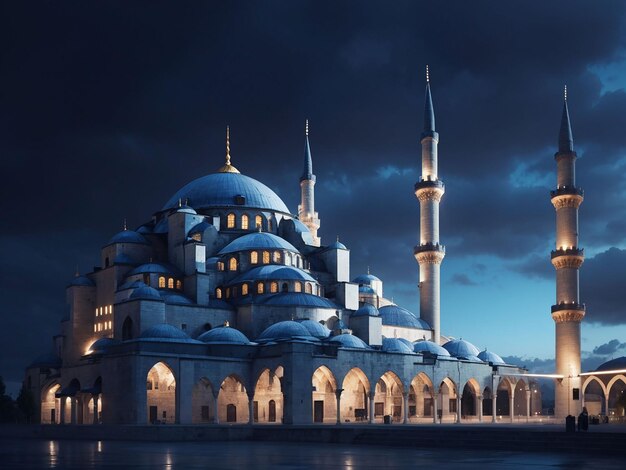 Illuminated minaret symbolizes spirituality in famous blue mosque generated by ai