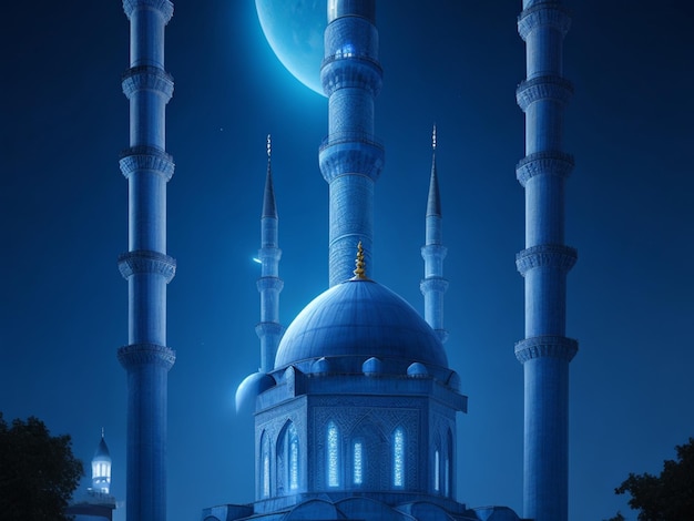 Illuminated minaret symbolizes spirituality in famous Blue Mosque generated by AI