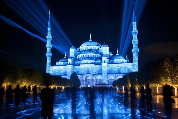Photo illuminated minaret symbolizes spirituality in famous blue mosque