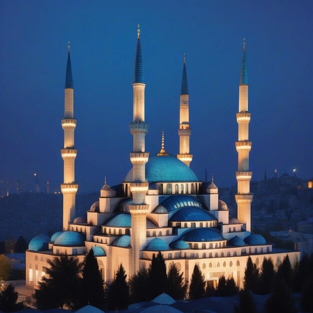 Photo illuminated minaret symbolizes spirituality in famous blue mosque