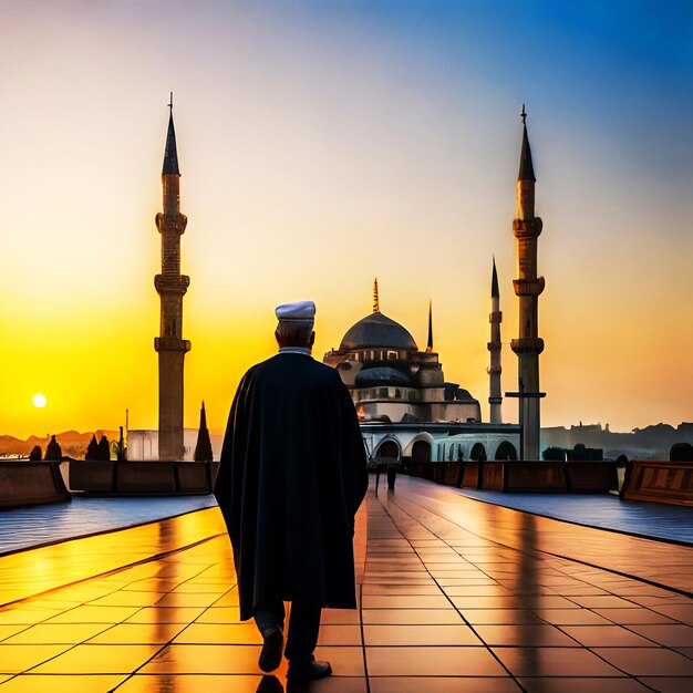 Illuminated minaret symbolizes spirituality in famous blue mosque