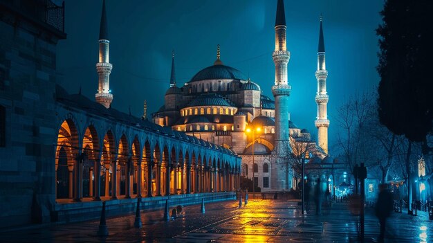 The illuminated minaret symbolizes spirituality and stands out in the renowned Blue Mosque