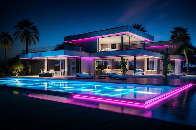Освещенный современный дом с бассейном ночью 3D рендеринг.