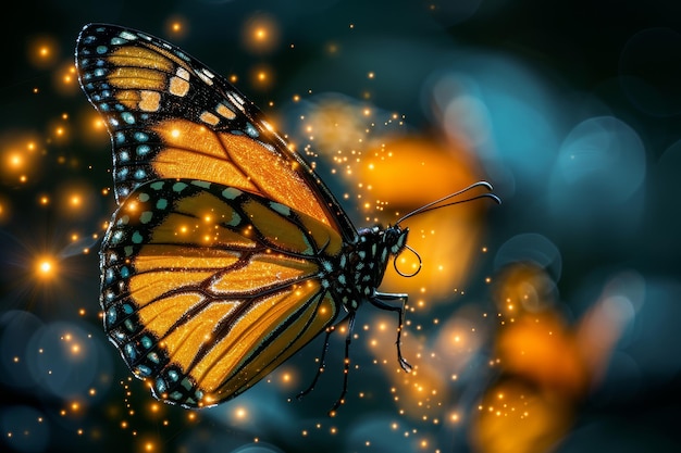 Photo illuminated monarch butterfly on a magical night