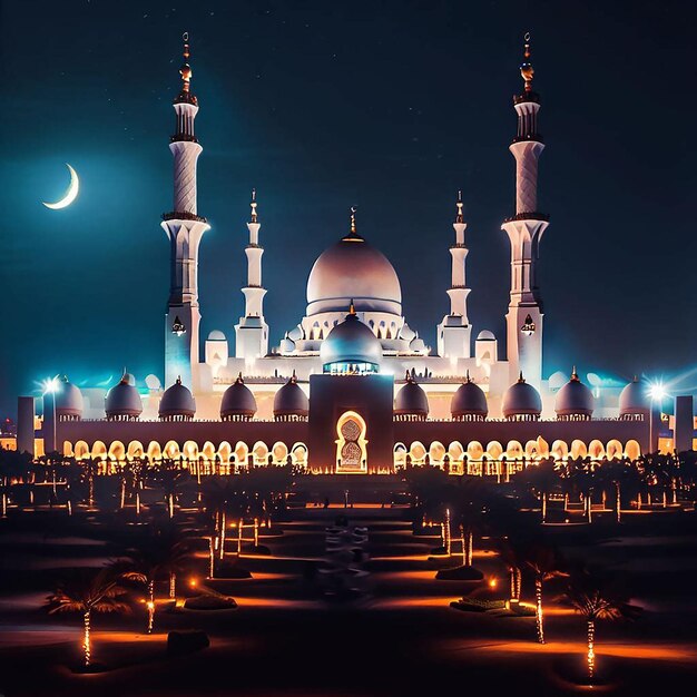Освещенная мечеть олицетворяет спокойствие в Рамадан с помощью искусственного интеллекта