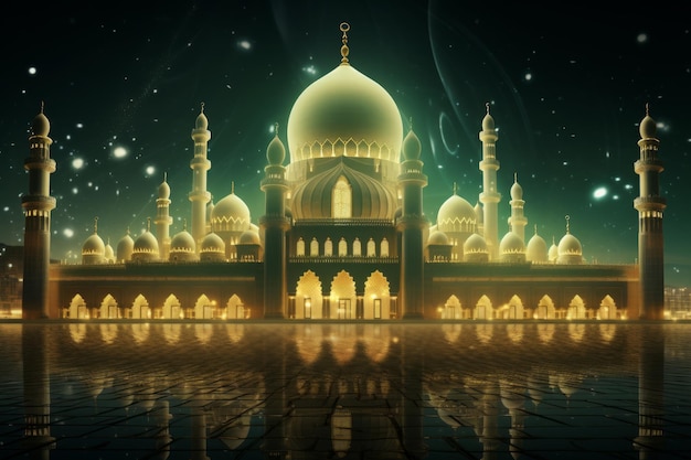 マウリドの背景に装飾的なライトで照らされたモスク