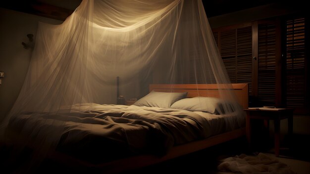 Illuminated mosquito net over bed in the guesthouse