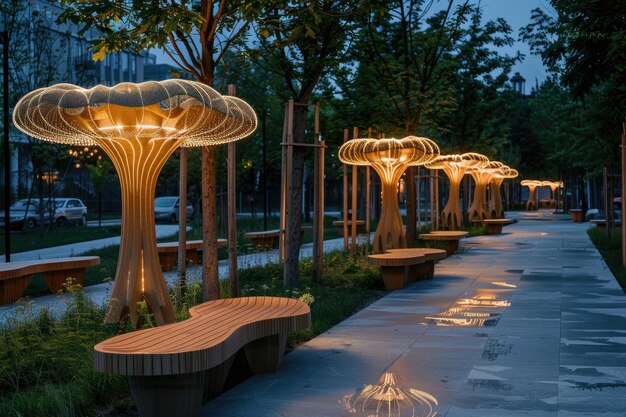 Illuminated mushroomshaped lamps in a park at dusk