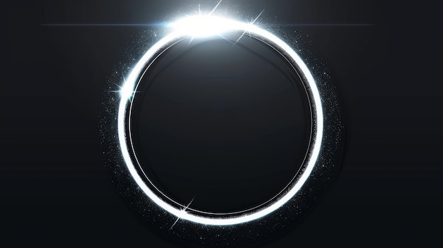 An illuminated neon circle with a sparkling streak of light A glare ring surrounds the circle with a ray and a highlight