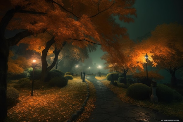 가을에 조명된 야간 공원과 나무