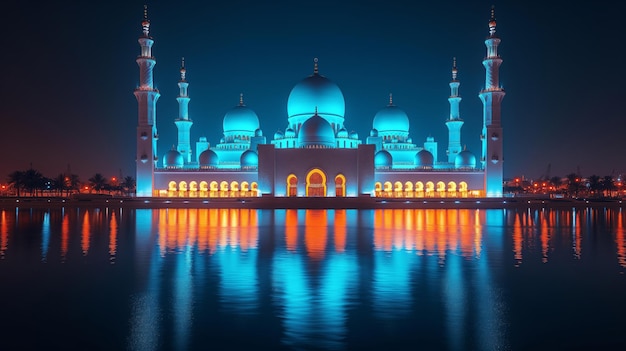 Illuminated night view of a large mosque