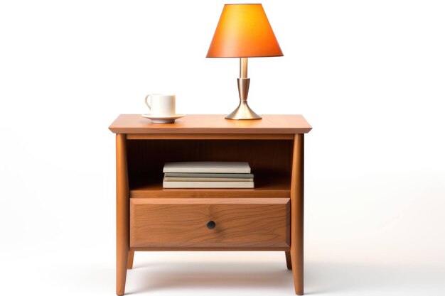 Photo illuminated nightstand in white room on white background