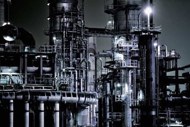 Photo illuminated oil industry against sky at night