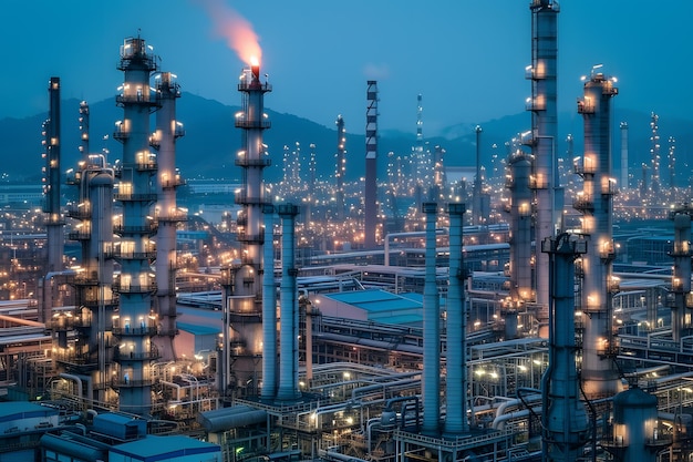 Illuminated Oil Refinery at Night