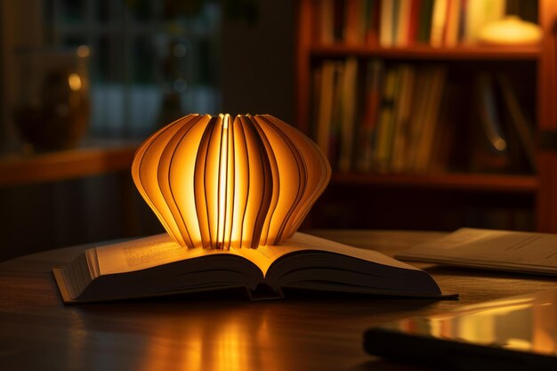 Photo illuminated open book on desk at night