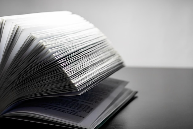 Illuminated open book pages in the dark closeup