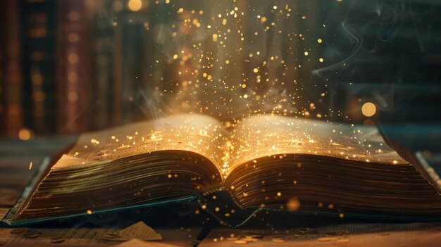 Illuminated Open Book on Table