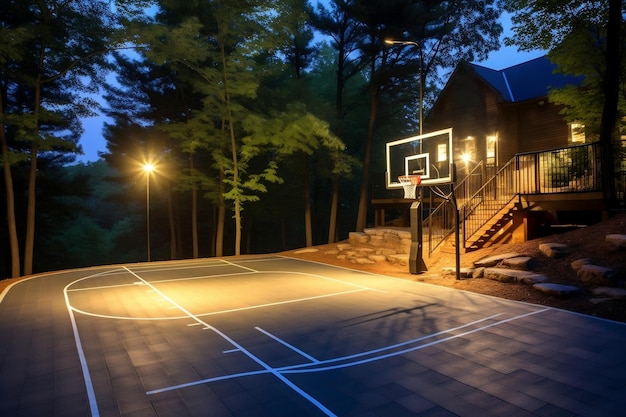 An illuminated outdoor basketball court under the night sky Generative Ai