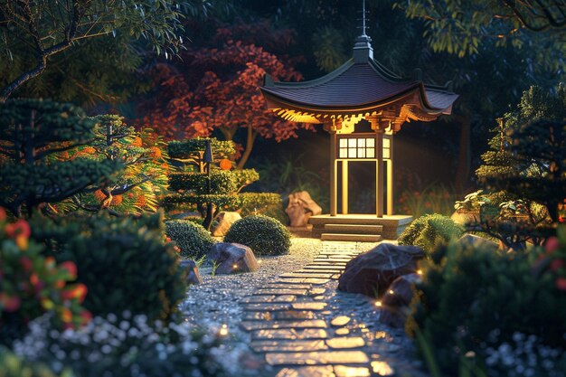 Illuminated pagoda in a peaceful Japanese garden o