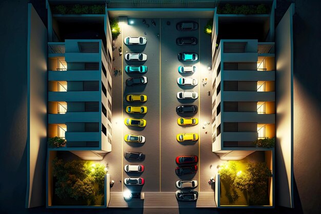 Illuminated parking in courtyard of residential building aerial view car parking