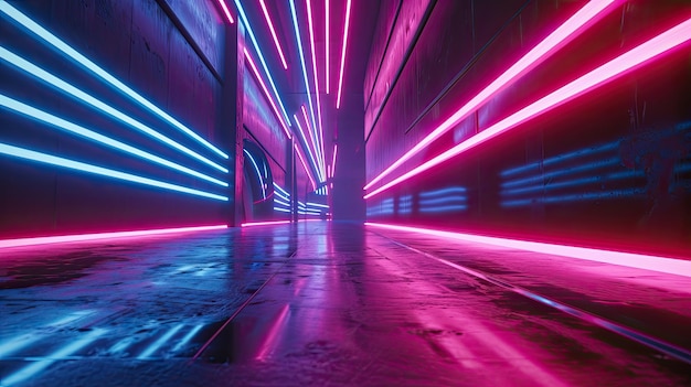 Illuminated Passage A Long Hallway Adorned With Vibrant Neon Lights