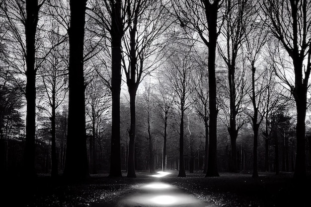 Illuminated pathway through the mighty trees at night Scary forest scene Tree silhouettes in the dark Digital illustration Nature environment Silence loneliness gothic concepts