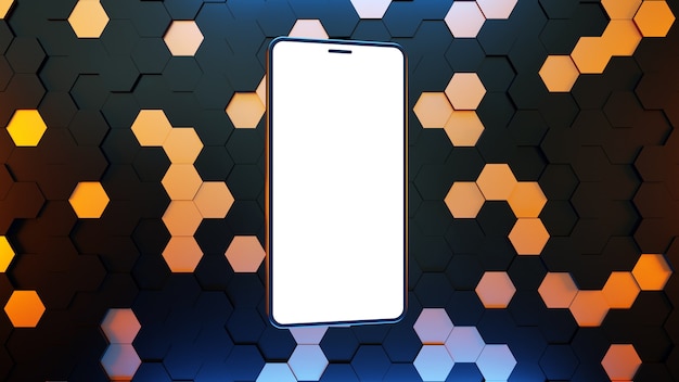 Illuminated phone on a background with hexagons technological background  3D rendering