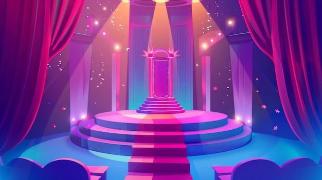 Foto un podio illuminato con proiettori, scale e sedie per gli spettatori per una cerimonia di premiazione, una scena teatrale o in studio per uno spettacolo di concerto, musica o danza.