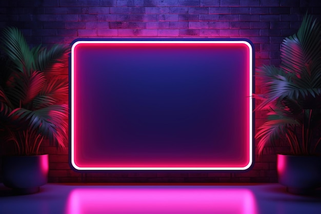 Illuminated purple neon frame with empty space on brick wall and tropical plants