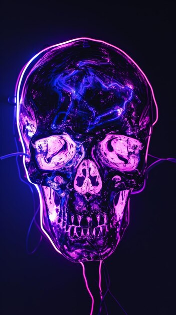 Foto cranio viola illuminato con un bagliore al neon