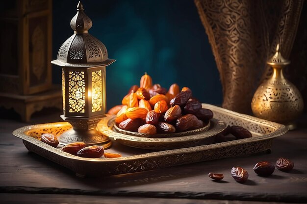 Photo illuminated ramadan antique tray with fanoos and dates