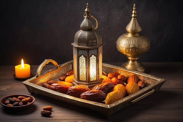 Photo illuminated ramadan antique tray with fanoos and dates