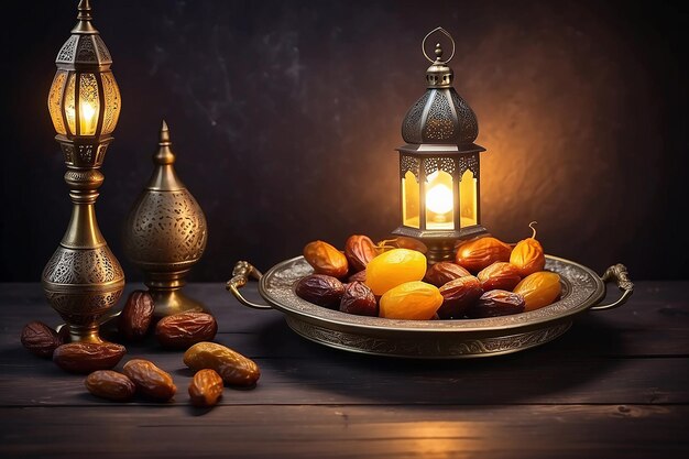 Photo illuminated ramadan antique tray with fanoos and dates