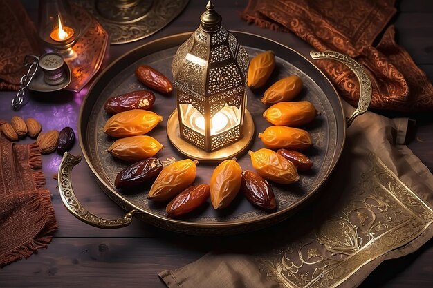 Photo illuminated ramadan antique tray with fanoos and dates