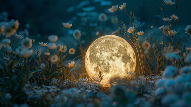 Foto luna in miniatura illuminata e realistica in un magico campo di fiori