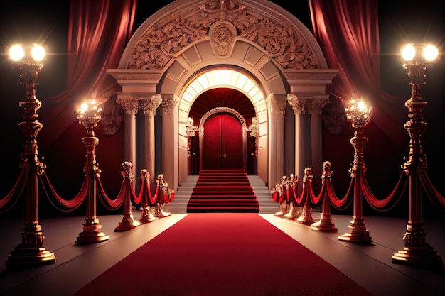 An illuminated red carpet leading up to the entrance of a glamorous event