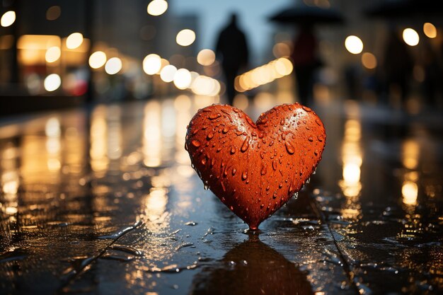 illuminated red heart on the street rainy day Valentines Day