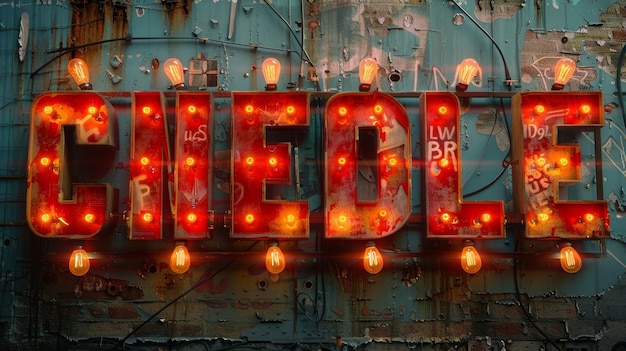 Photo illuminated red marquee lights on weathered teal wall