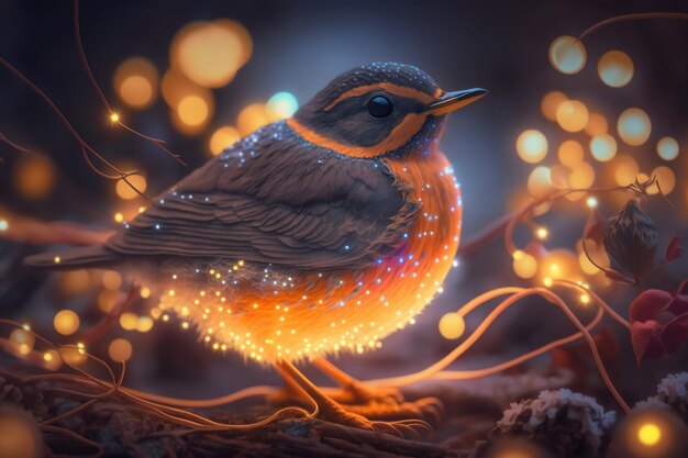 Illuminated Robin Bird in Festive Lights Generative Ai